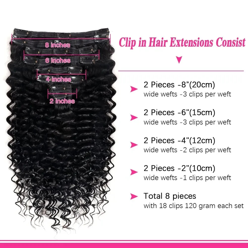 Brazilian Deep Wave 100% Human Hair Clip Ins Natural Black Color