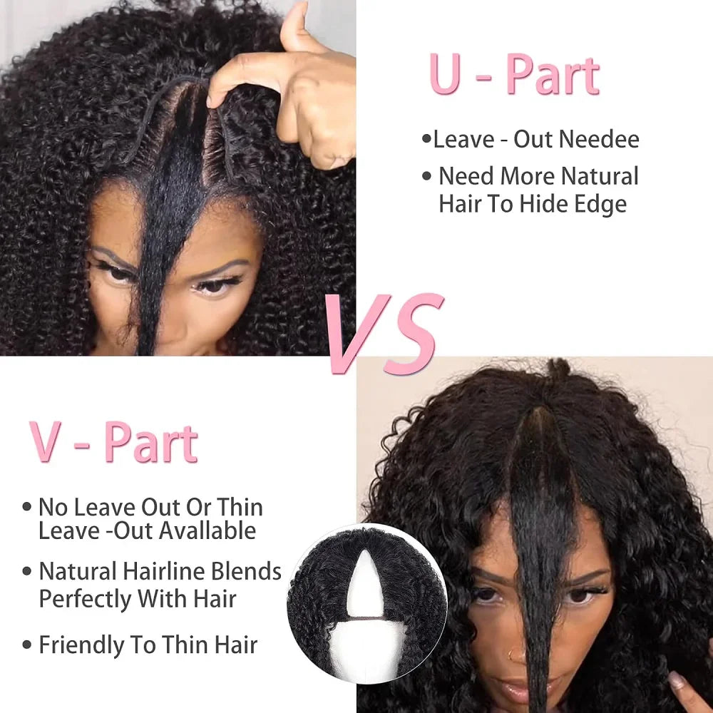 U & V Part Kinky Curly Human Hair Wigs