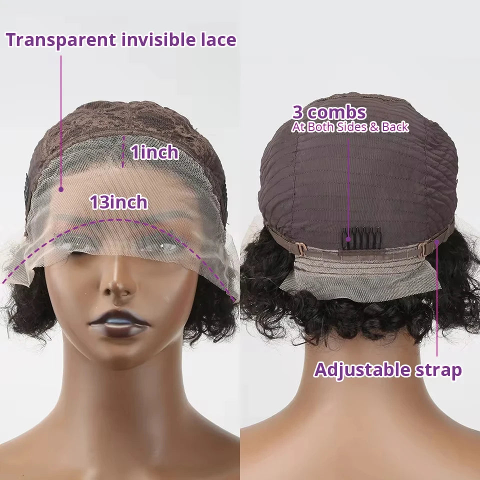 Pixie Cut Short Curly - Pre Plucked Transparent Lace Human Hair Wig
