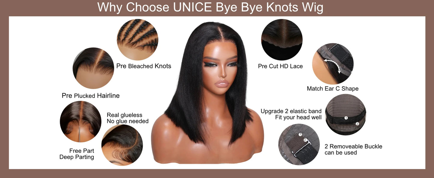 Yaki Straight Bob - Pre Bleached, Pre Cut  7x5 13x4 Lace Front Human Hair Glueless Wig