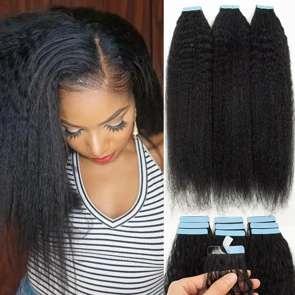Kinky Straight Tape In Human Hair Extensions 100% Remy  Natural Color