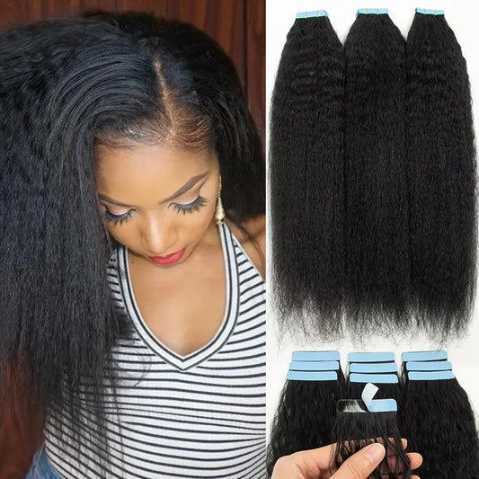 Kinky Straight Tape In Human Hair Extensions 100% Remy  Natural Color