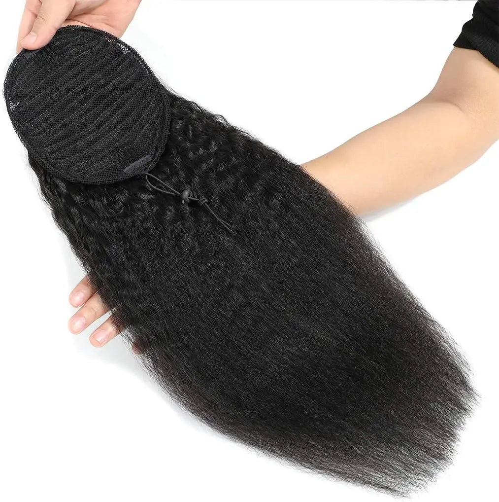 Yaki Straight 100% Human Hair Drawstring Ponytail Natural Black #1B