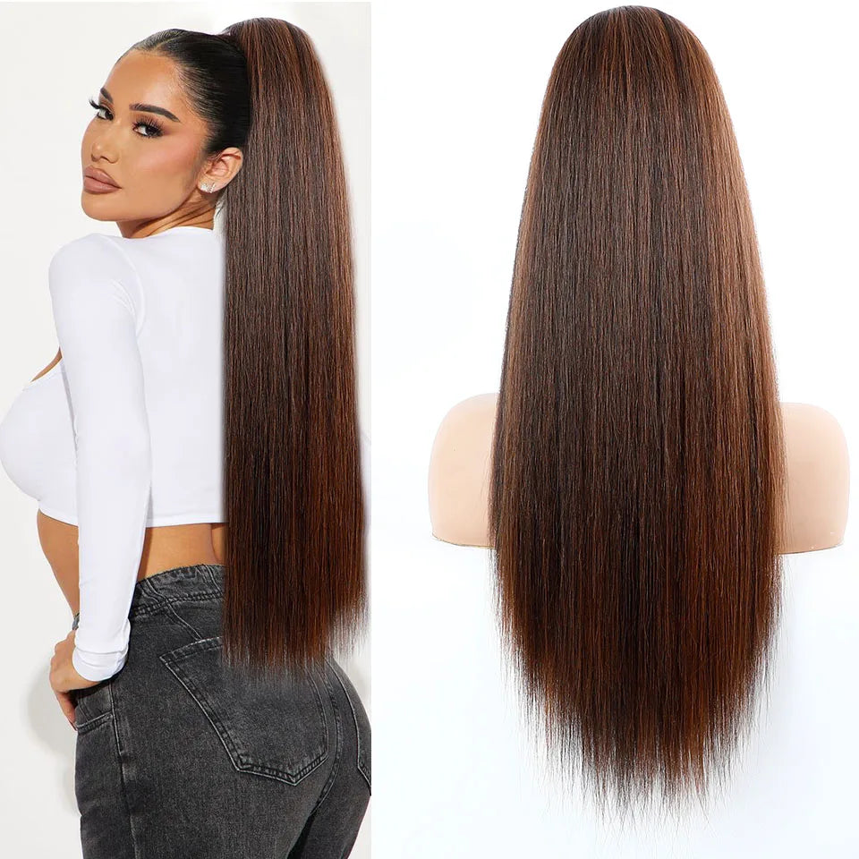 Blonde Long Silky Straight Ponytail Synthetic Hair; DrawString Clip-In Piece