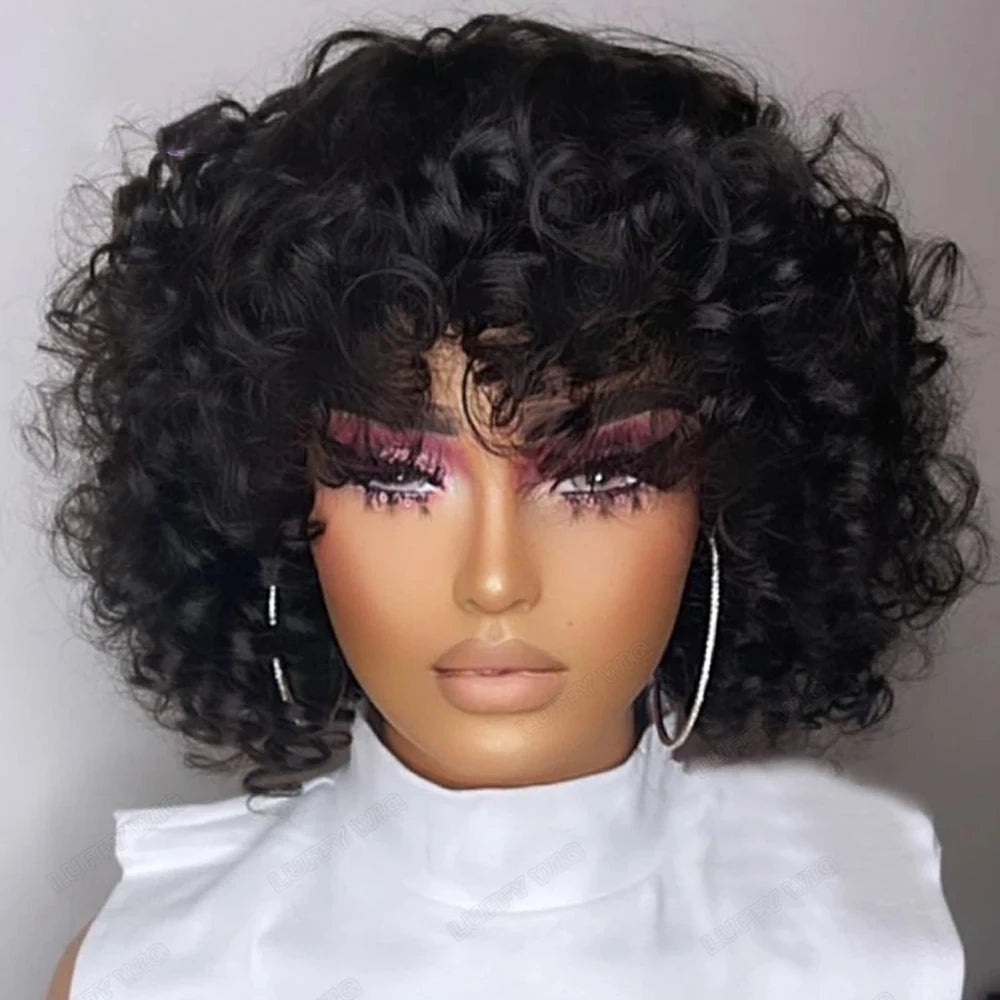 Afro Rose Curly Human Hair Wig with Bangs