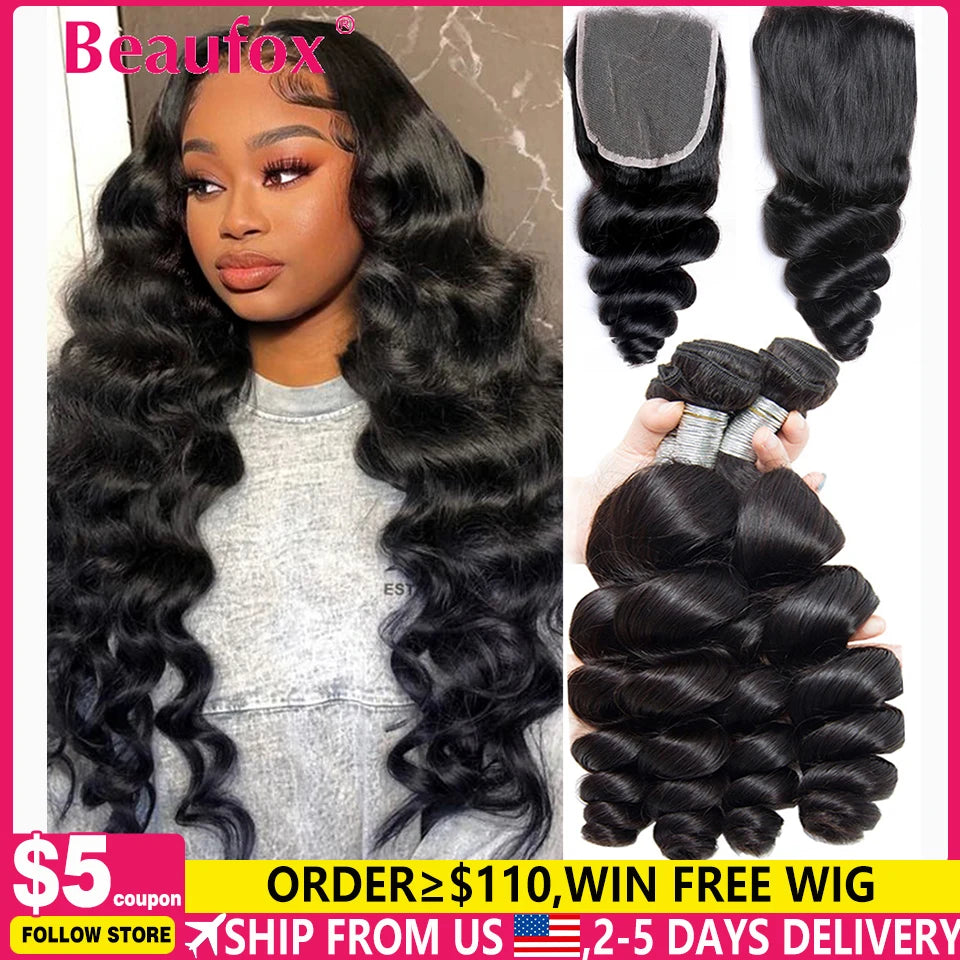 Loose Wave Human Hair Bundles With Lace Closure - Various Lengths