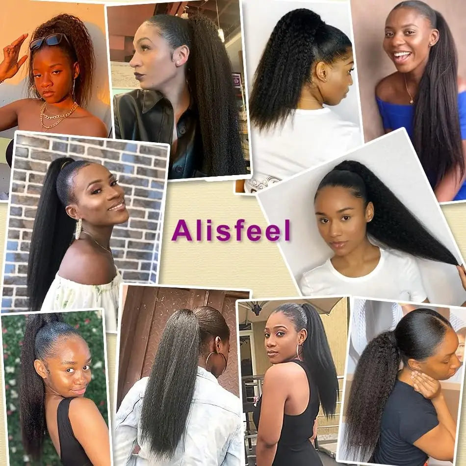 Yaki Straight 100% Human Hair Drawstring Ponytail Natural Black #1B