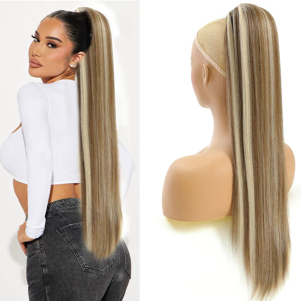 Blonde Long Silky Straight Ponytail Synthetic Hair; DrawString Clip-In Piece