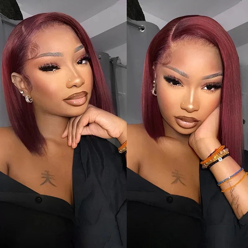 99J Burgundy 13x4 Straight Bob Pre Plucked Pre Cut Transparent Lace Human Hair Glueless Wig