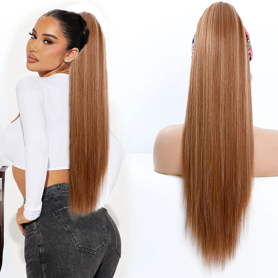Blonde Long Silky Straight Ponytail Synthetic Hair; DrawString Clip-In Piece