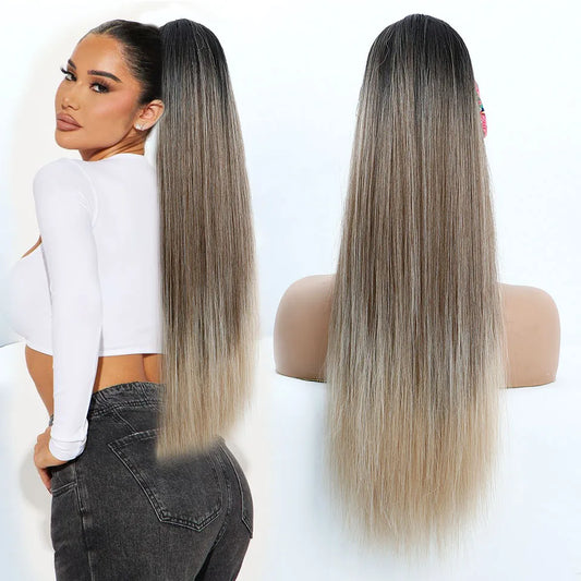 Blonde Long Silky Straight Ponytail Synthetic Hair; DrawString Clip-In Piece