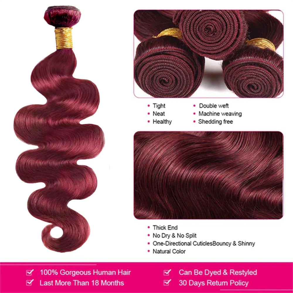 Burgundy Body Wave Bundles With Frontal 13x4 Lace 100% Human Hair Bundles With Closure