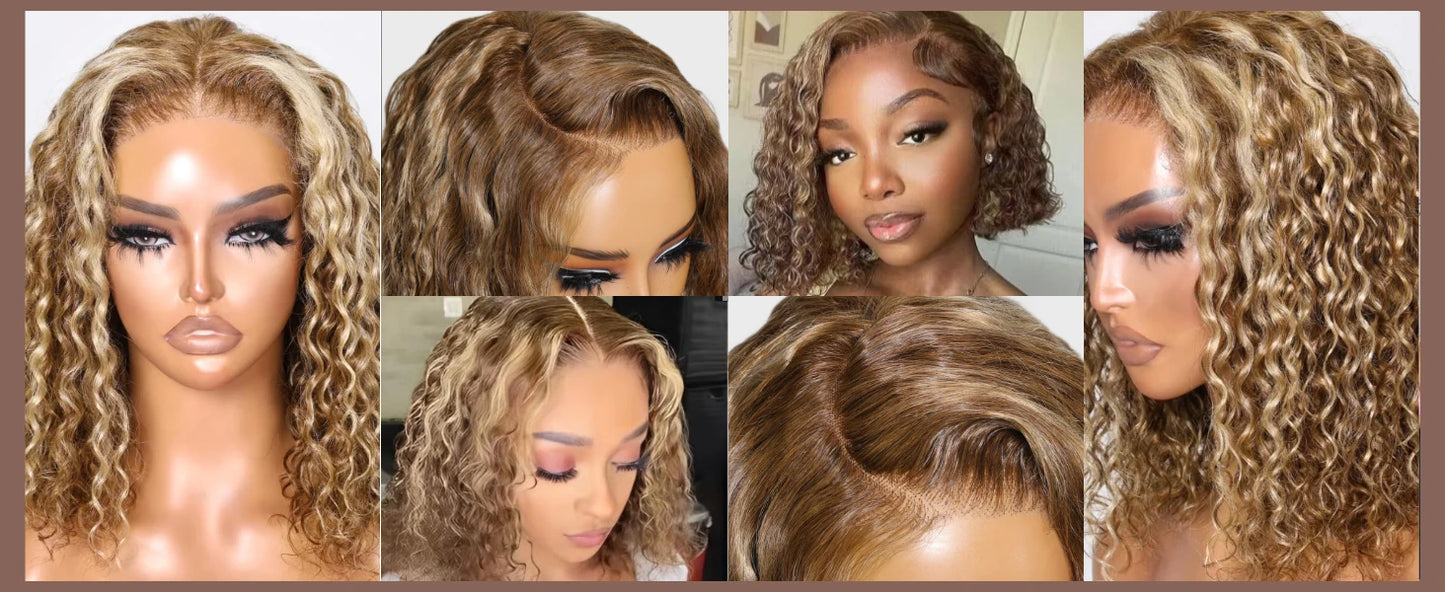 Water Wave Bob Blonde Highlight - Pre Cut Pre Bleached Glueless Human Hair Ready To Wear Wig