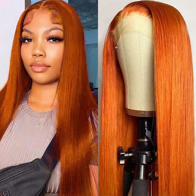 Straight Orange Ginger Pre Plucked Lace Front Human Hair Wigs