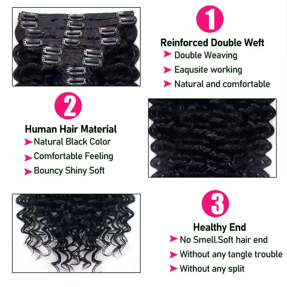 Brazilian Deep Wave 100% Human Hair Clip Ins Natural Black Color
