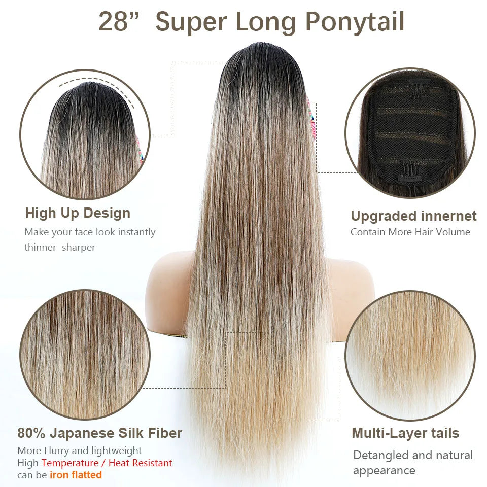 Blonde Long Silky Straight Ponytail Synthetic Hair; DrawString Clip-In Piece
