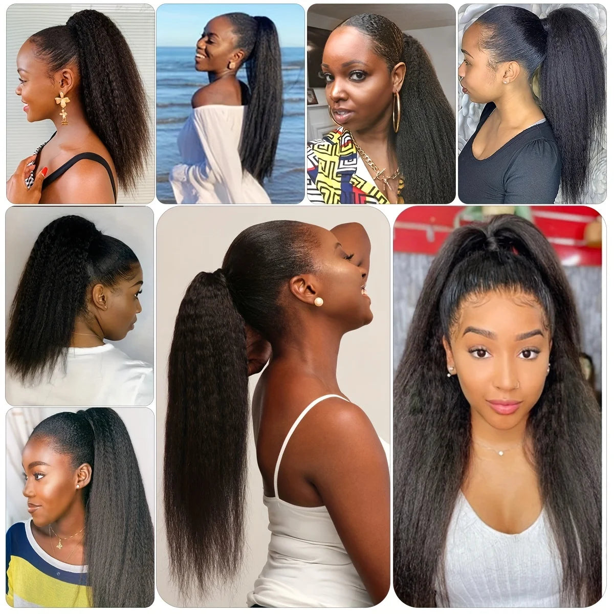 Yaki Straight 100% Human Hair Drawstring Ponytail Natural Black #1B