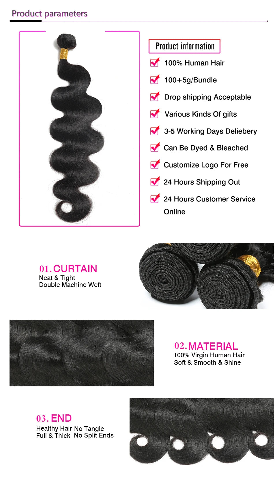 Raw Indian Body Wave Human Hair Bundles 100% Unprocessed Hair