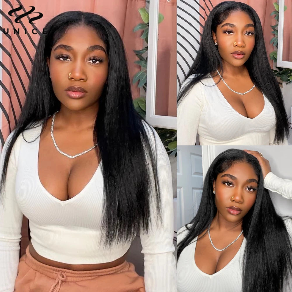 Kinky Straight V & U Part Human Hair Wigs With Drawstring and Minimal Leave Out