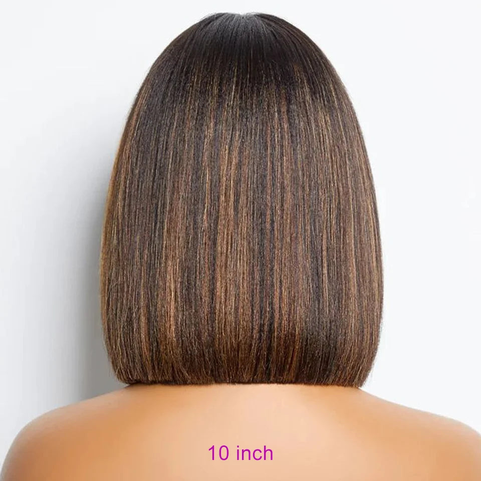 Short Straight Bob Lace Front Glueless Human Hair Wig With Bangs - Various Colors