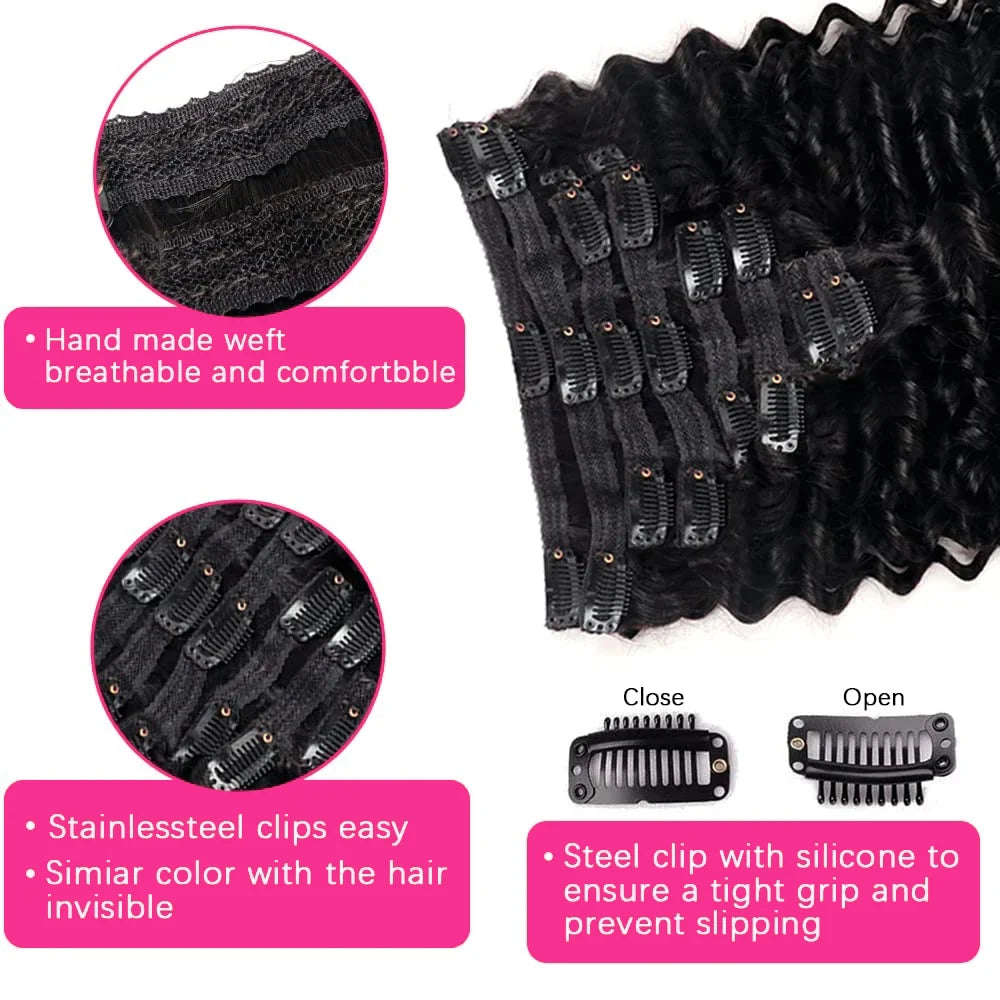 Brazilian Deep Wave 100% Human Hair Clip Ins Natural Black Color
