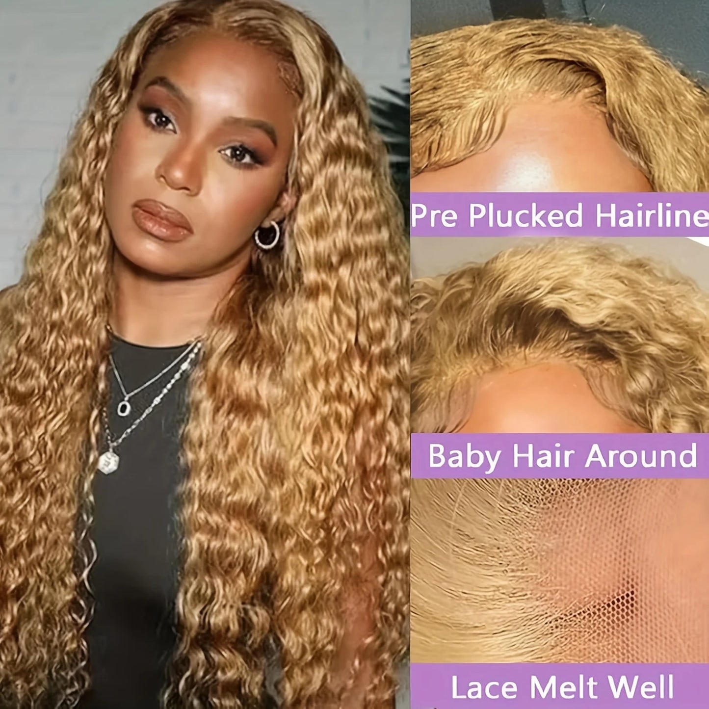 Curly Wave Honey Blonde Human Hair Lace Frontal Wig