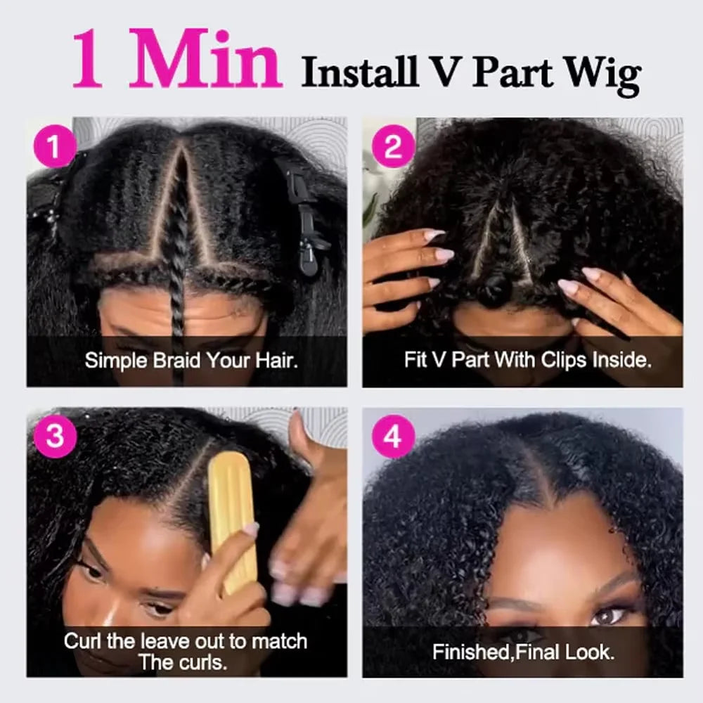 U & V Part Kinky Curly Human Hair Wigs