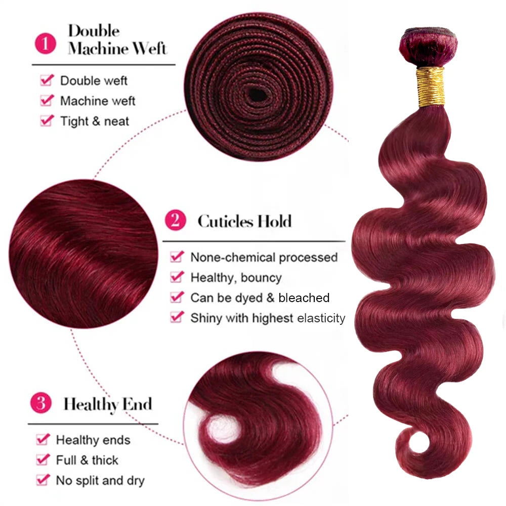 Burgundy Body Wave Bundles With Frontal 13x4 Lace 100% Human Hair Bundles With Closure