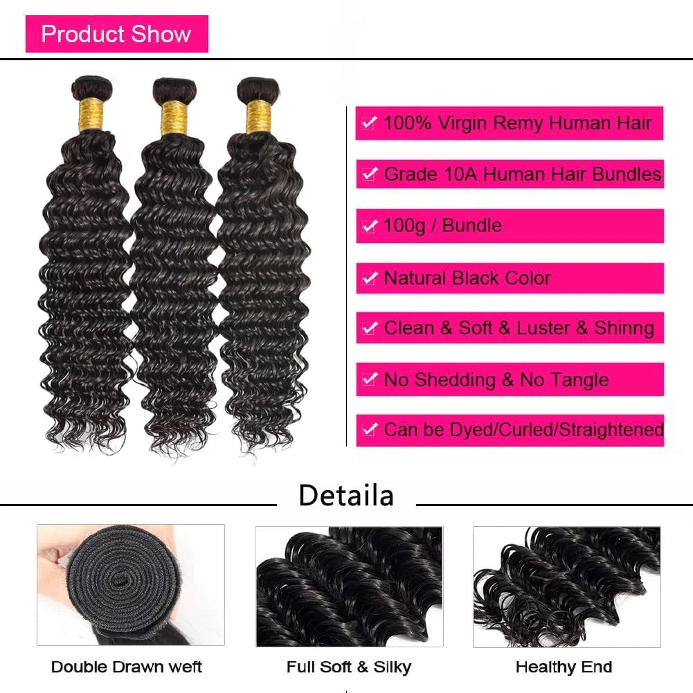 Deep Wave/Wet & Wavy Bundles With 13X4 Lace Frontal  - 100% Human Hair