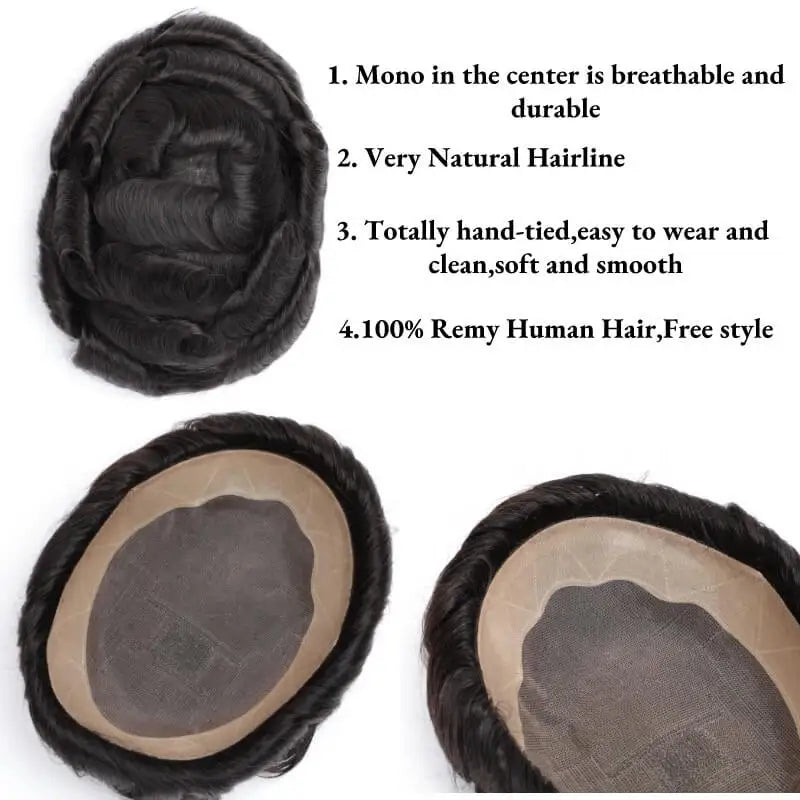 Straight Human HairProsthesis Toupee Men 6" Hair Replacement Systems -  Various Options Available