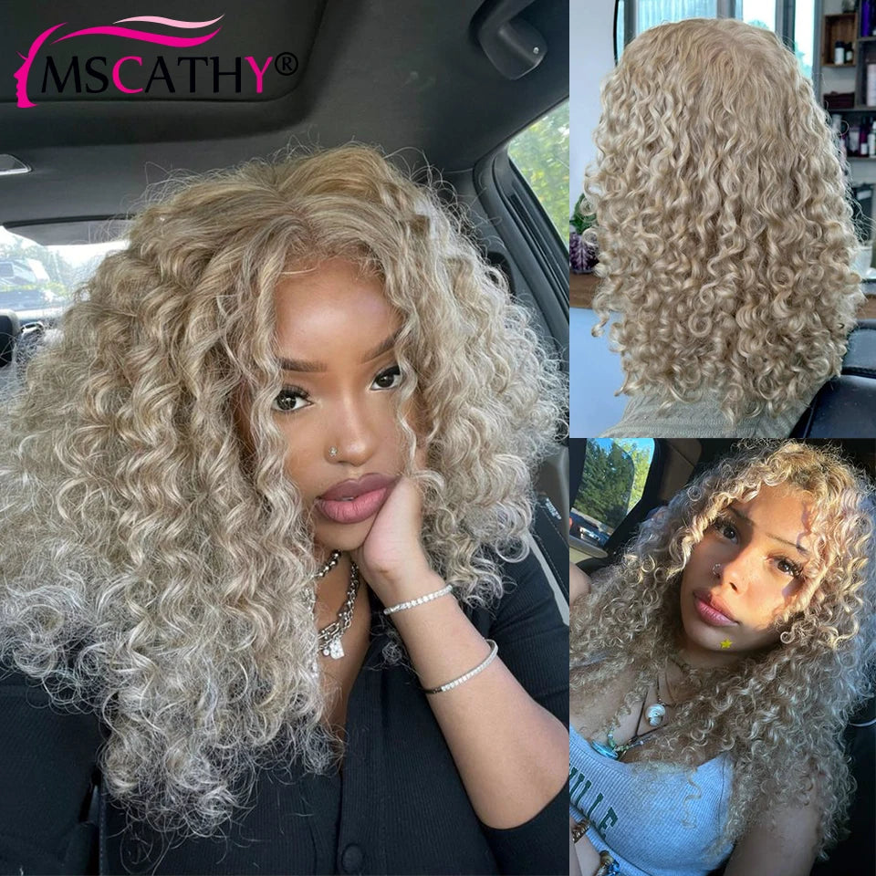 Kinky Curly Ash Blonde  - Transparent Lace Frontal Human Hair Wig
