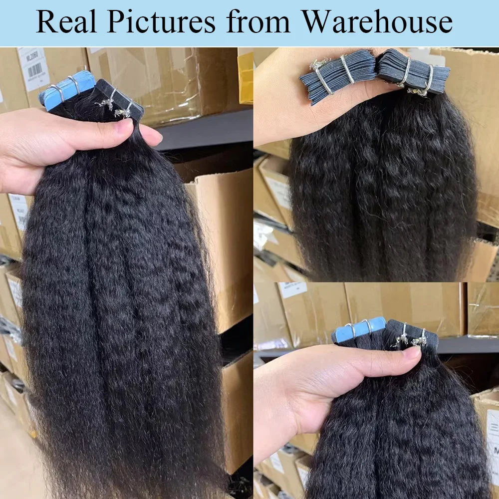 Kinky Straight Tape In Human Hair Extensions 100% Remy  Natural Color