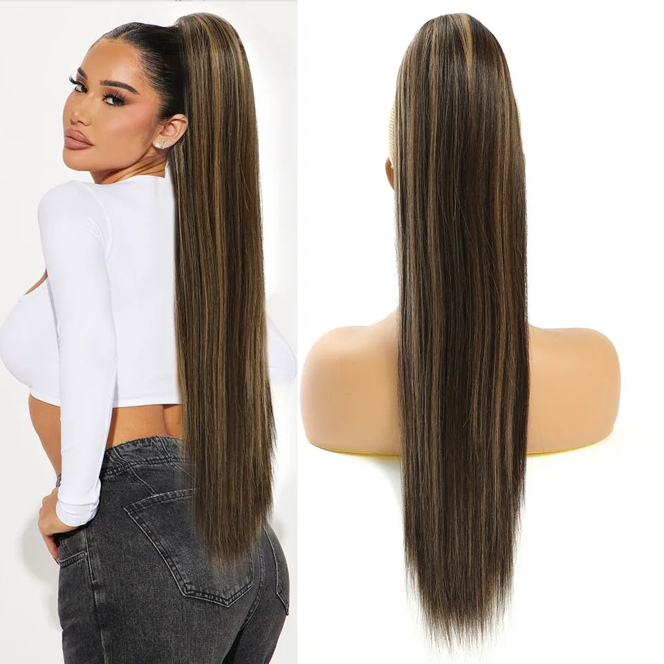 Blonde Long Silky Straight Ponytail Synthetic Hair; DrawString Clip-In Piece