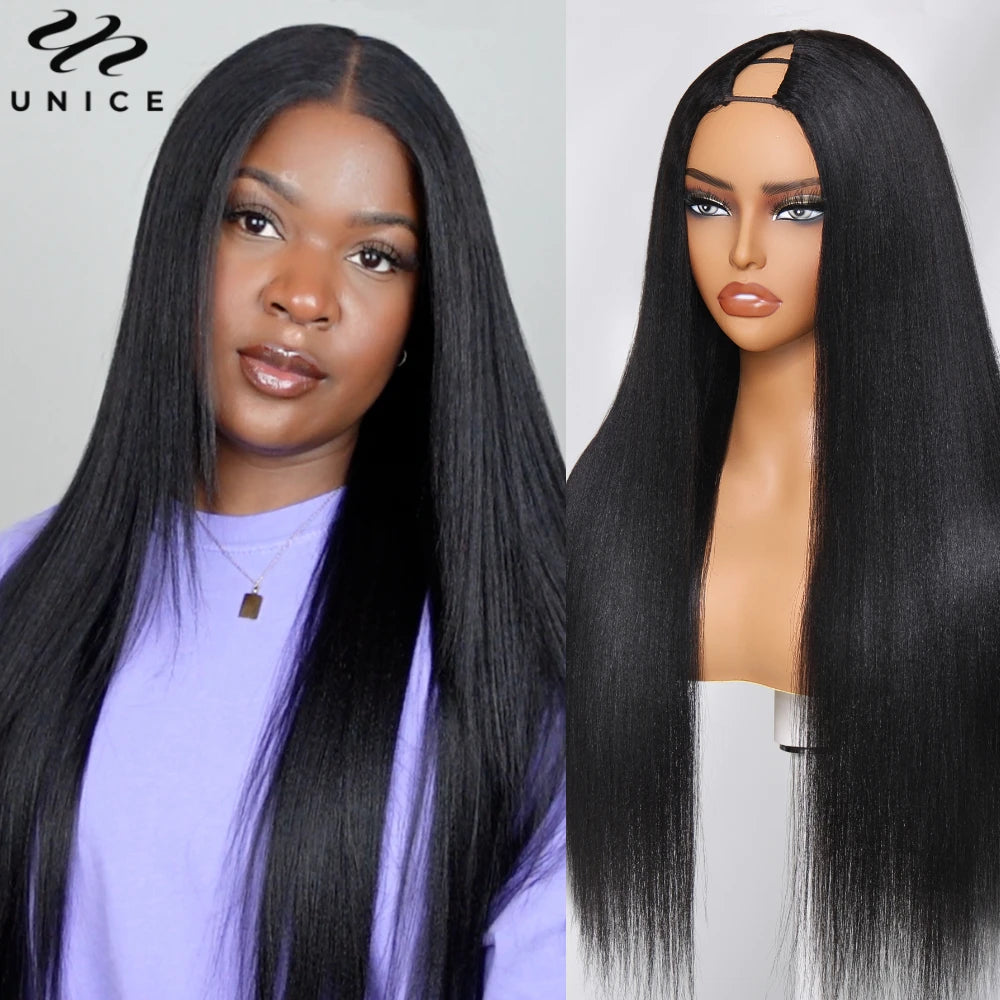 Drawstring Yaki Straight V Part Human Hair Wigs Mini Leave-Out