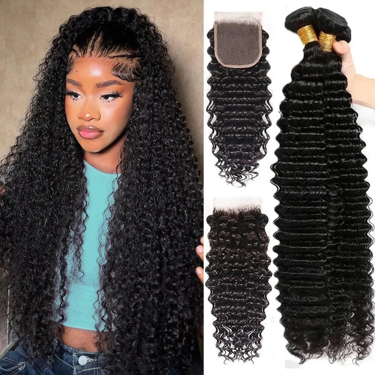 Deep Wave Brazilian Virgin Human Hair 3 Bundles With 4x4 Lace Closure