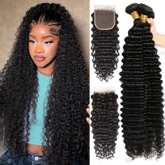 Deep Wave Brazilian Virgin Human Hair 3 Bundles With 4x4 Lace Closure