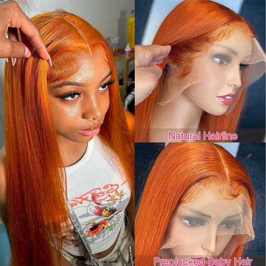 Straight Orange Ginger Pre Plucked Lace Front Human Hair Wigs