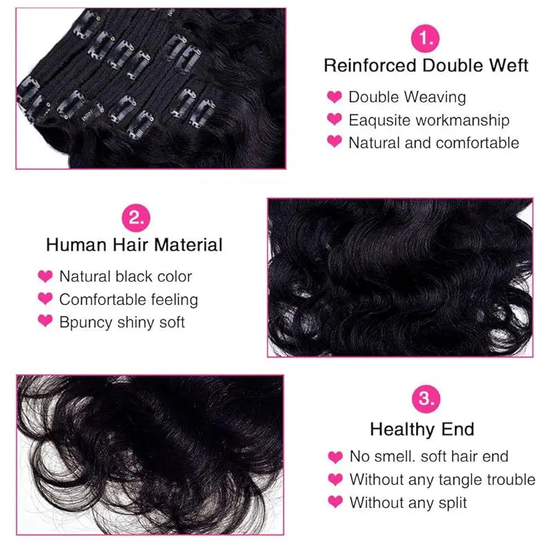 Body Wave 100% Brazilian Human Hair Seamless Clip ins