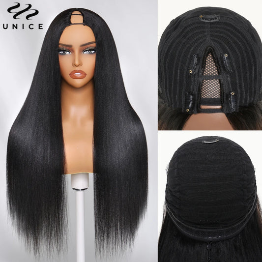 Drawstring Yaki Straight V Part Human Hair Wigs Mini Leave-Out