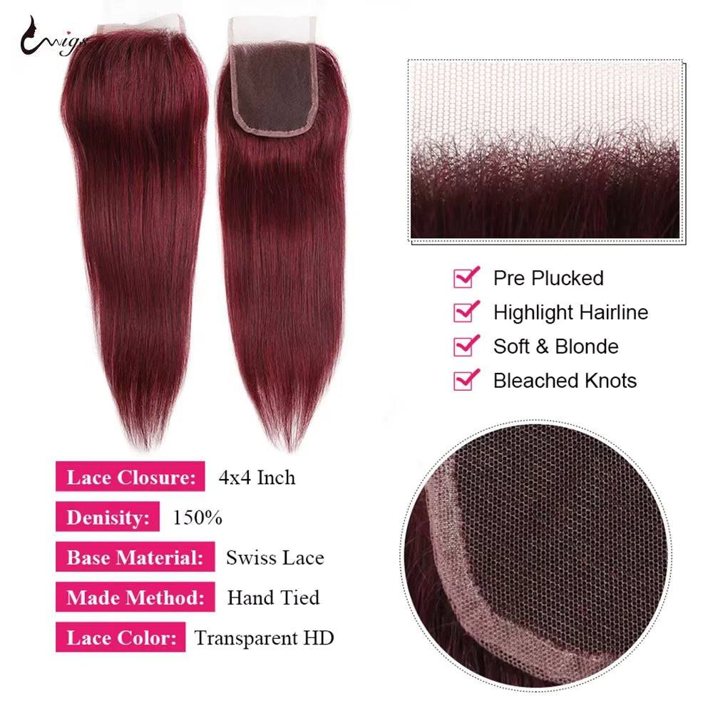99j Burgundy 4X4 Straight or 5X5 Body Wave Transparent Pre Plucked Lace Closures With Baby Hair/ 13x4 Lace Frontal Also Sold Separately