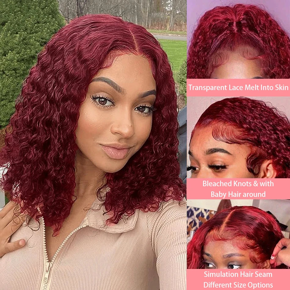 99J Burgundy Short Deep Water Wave Bob 13x4 Lace Front Human Hair Wig