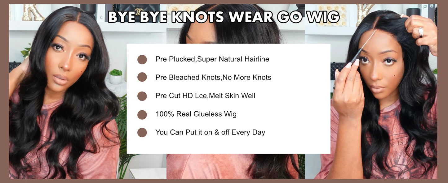 Body Wave Bye Bye Knots - Pre Bleached Knots Pre Cut Glueless Human Hair Ready To Wear Wig