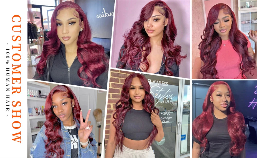 Burgundy Body Wave Bundles With Frontal 13x4 Lace 100% Human Hair Bundles With Closure