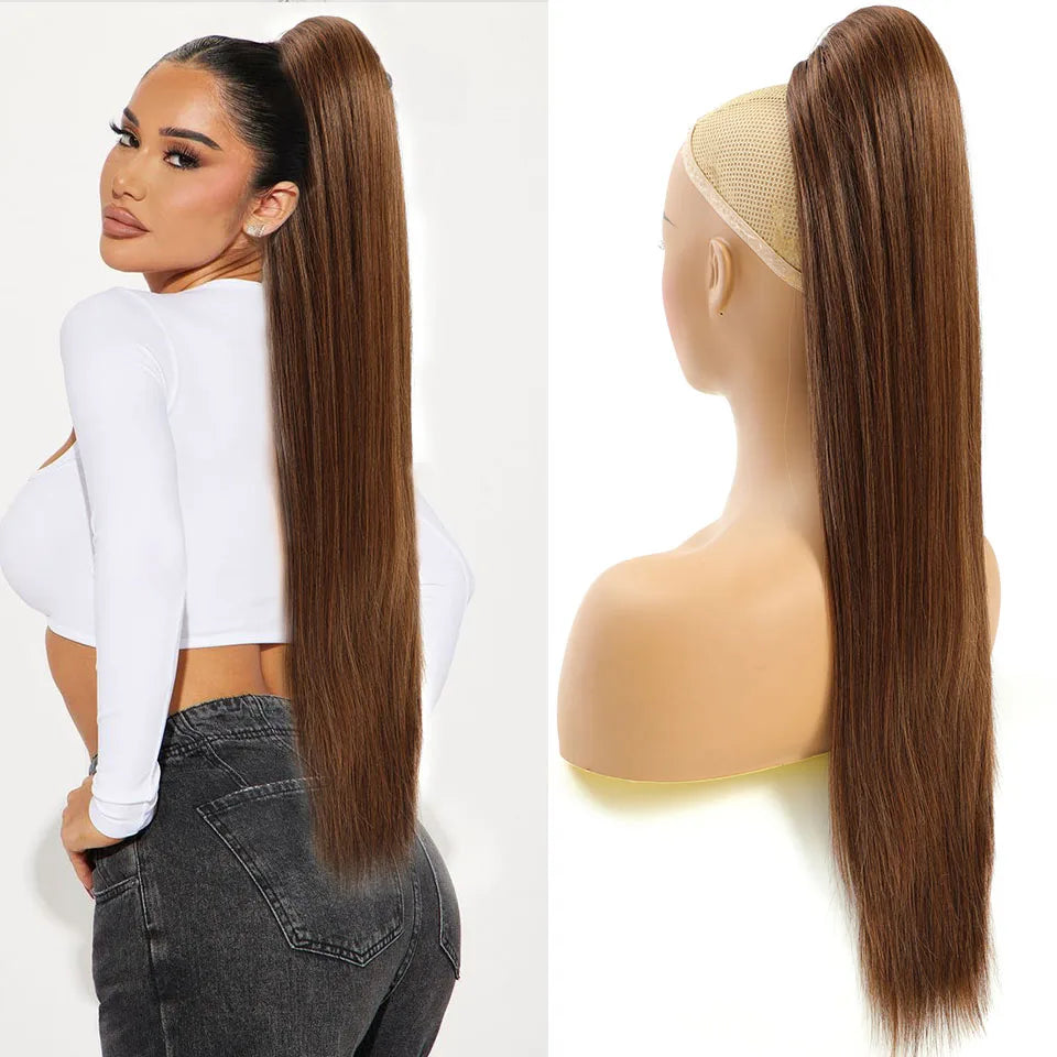 Blonde Long Silky Straight Ponytail Synthetic Hair; DrawString Clip-In Piece