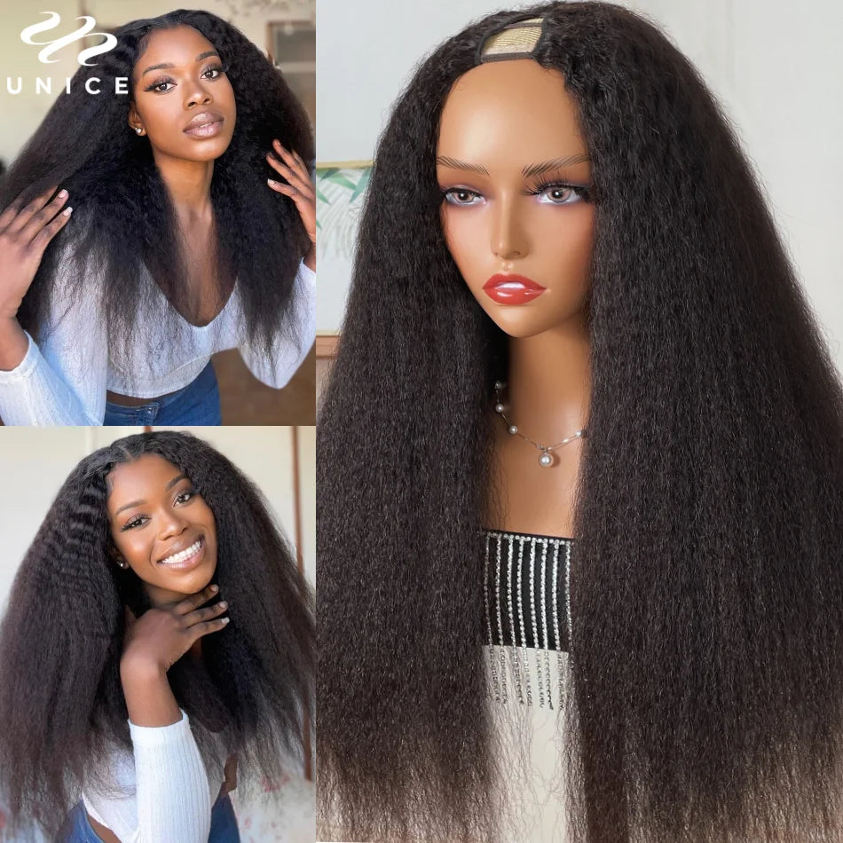 Kinky Straight V & U Part Human Hair Wigs With Drawstring and Minimal Leave Out