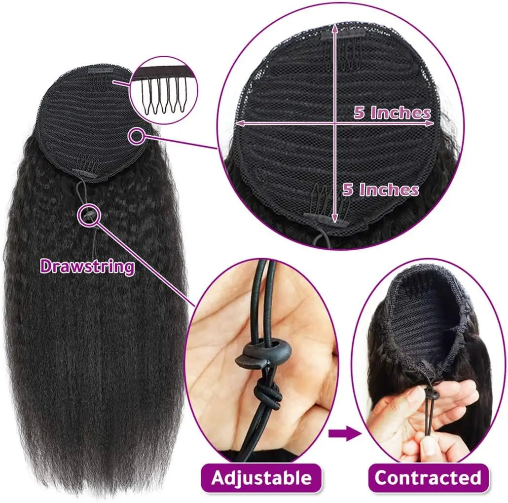 Yaki Straight 100% Human Hair Drawstring Ponytail Natural Black #1B