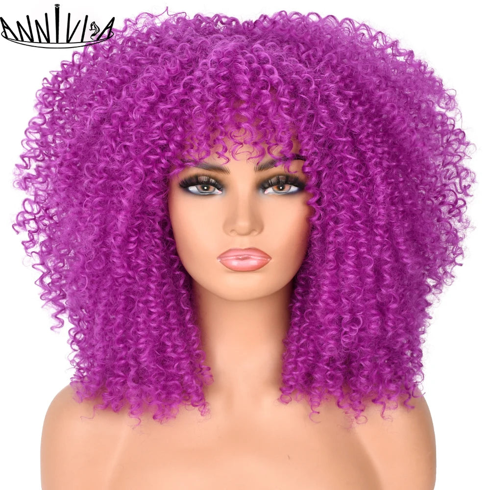Synthetic Kinky Curly Wigs With Bangs - Various Colors Available