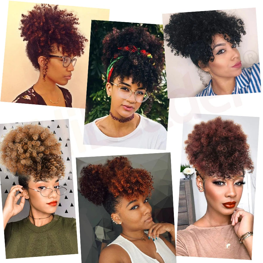 Afro Curly Adjustable Drawstring Synthetic Ponytail With Bangs