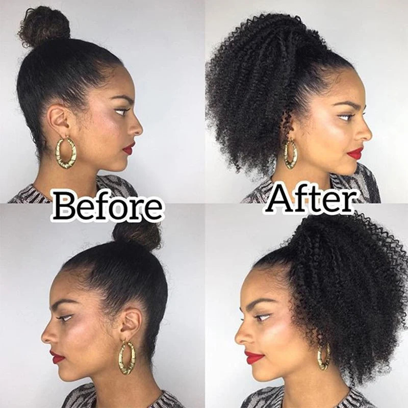 Afro Kinky Curly Drawstring or Straight Wrap Around Human Hair Ponytails