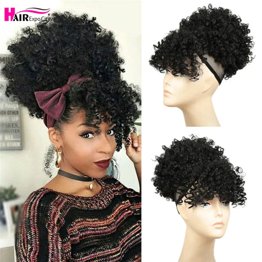 Short Kinky Curly Synthetic Ponytails With Bangs - Various Options Available